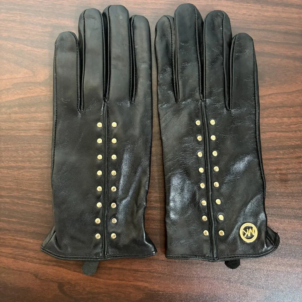MICHAEL Michael Kors Women's Leather Astor Studded Gloves Black Glam-Rock Chic L